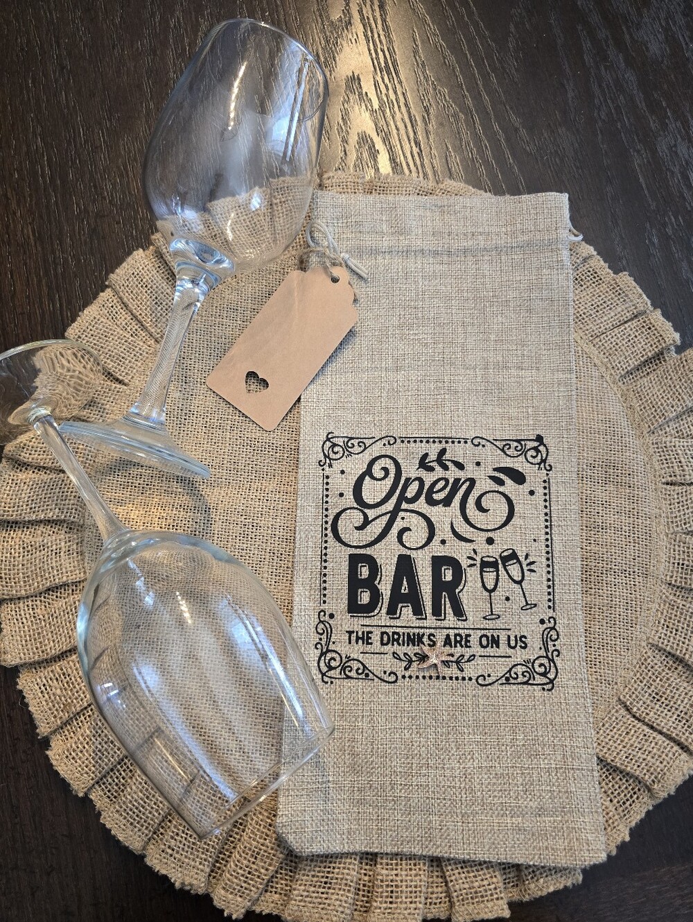 🍷Handmade Burlap Wine Gift Bag ✨ Open Bar Graphic